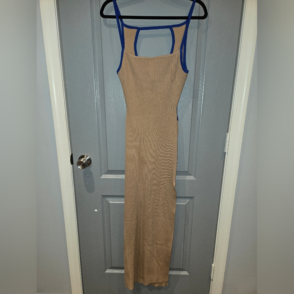 Chic Tan and Blue Maxi Dress